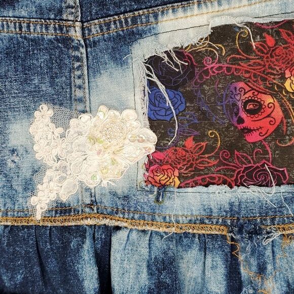 Trashed Glammed Up Grunge Lace Sequins Sugar Skull Denim Skirt, Sz 5 Custom UP - Picture 2 of 9